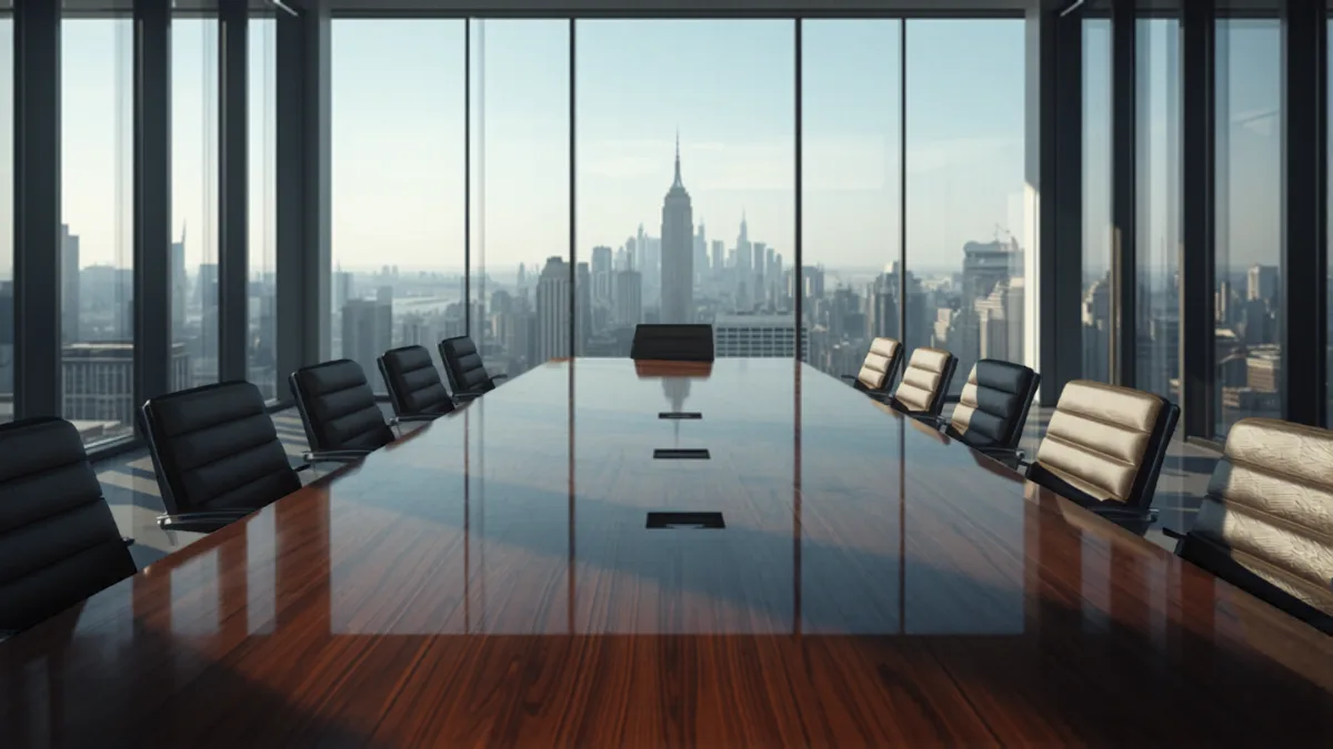 Executive boardroom with city skyline view